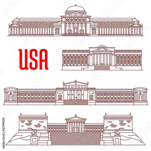 USA travel landmarks icon of architectural sights