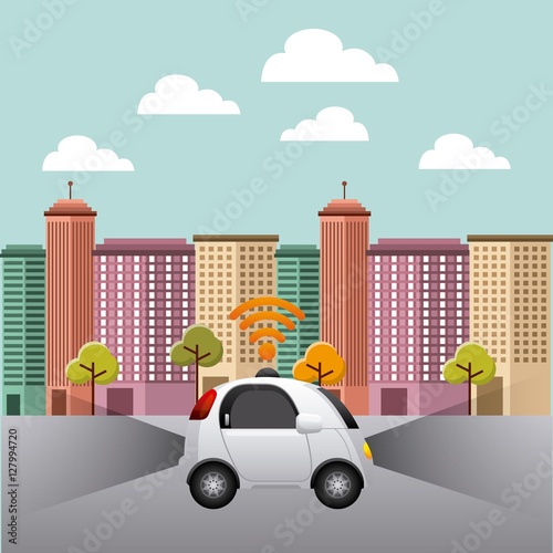 autonomous car vehicle with wireless waves over city background. ecology,  smart and techonology concept. colorful design. vector illustration