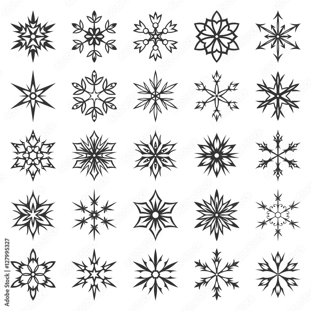Snowflake icon collection isolated on white background. Winter symbols. Christmas decorative elements. New year card ornament. Snowflakes silhouette. Geometric snowflakes set. Vector illustration Snowflake icon collection isolated on white background. Winter symbols. Christmas decorative elements. New year card ornament. Snowflakes silhouette. Geometric snowflakes set. Vector illustration