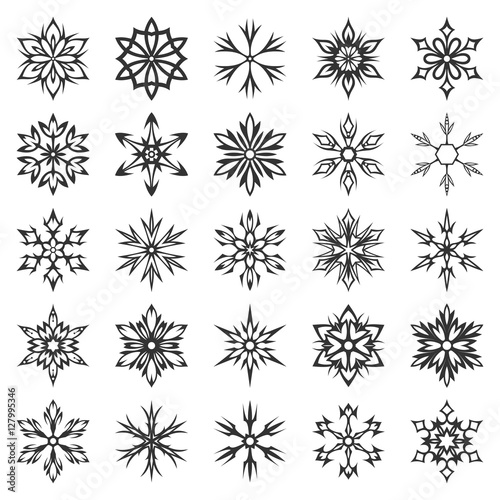 Snowflake icon collection isolated on white background. Winter symbols. Christmas decorative elements. New year card ornament. Snowflakes silhouette. Geometric snowflakes set. Vector illustration