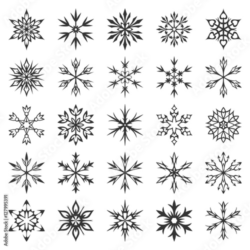 Snowflake icon collection isolated on white background. Winter symbols. Christmas decorative elements. New year card ornament. Snowflakes silhouette. Geometric snowflakes set. Vector illustration