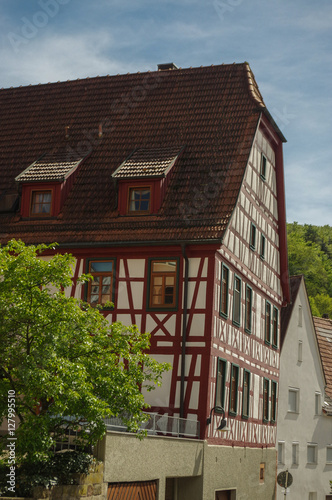 MOENSHEIM, PFORZHEIM, GERMANY - JUNE 10, 2015: Tudor style house. Monsheim is a town in the district of Enz in Baden-Wuerttemberg in southern BRD.