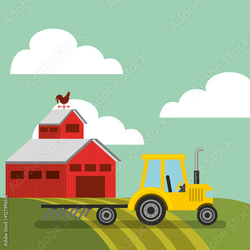 yellow tractor vehicle and red barn on farm landscape. colorful design. vector illustration