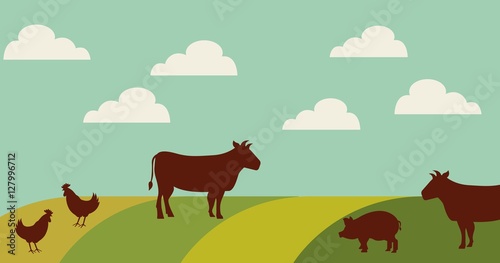 cow  pigs and chickens in farm landscape. colorful design. vector illustration