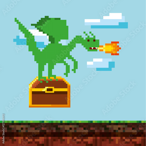 pixel dragon throwing fire over landscape landscape. video game interface design. colorful design. vector illustration