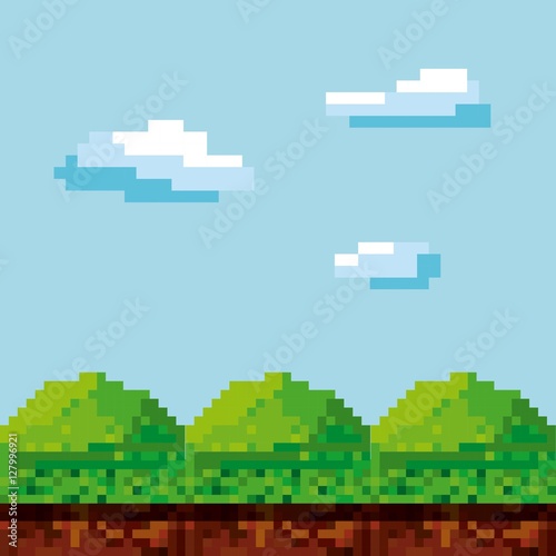 pixel landscape. Video game interface design. Colorful design. vector illustration