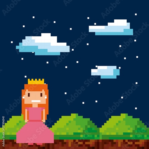 pixel princess character over night landscape. videogame interface concept. colorful design. vector illustration © Gstudio