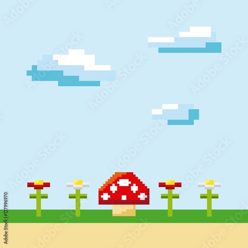 pixel landscape with plants and fungus icon. Video game interface design. Colorful design. vector illustration © Gstudio