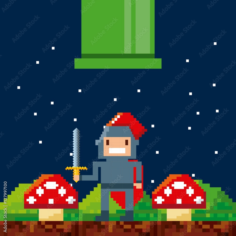 pixel knight character and fungi icons. video game interface design. colorful design. vector illustration