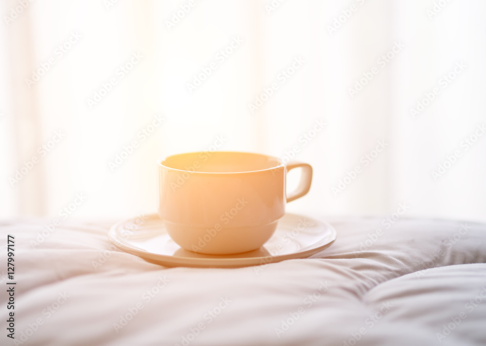 Fresh morning coffee on the bed. Fresh morning coffee on the bed.