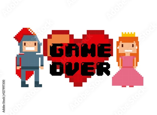 princess and knight characters and red heart with game over word over white background. videogame interface concept. colorful design. vector illustration © Gstudio