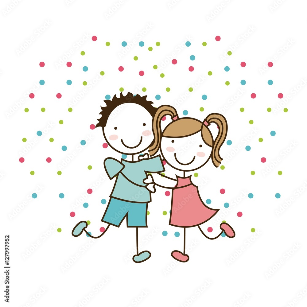 happy girl and boy hugging with colorful dots over white background. vector illustration happy girl and boy hugging with colorful dots over white background. vector illustration