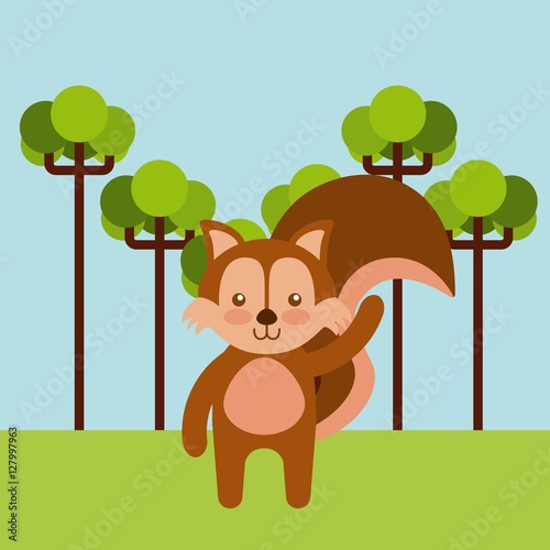 cute chipmunk animal over landscape background. colorful design. vector illustration