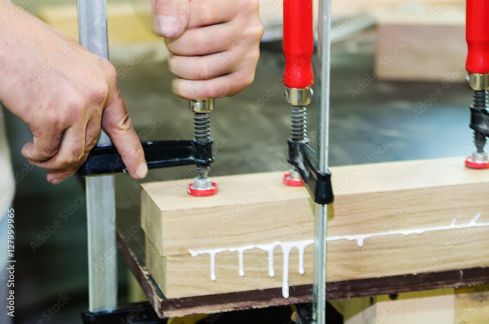 Fotografie Joinery work. Gluing wood pieces