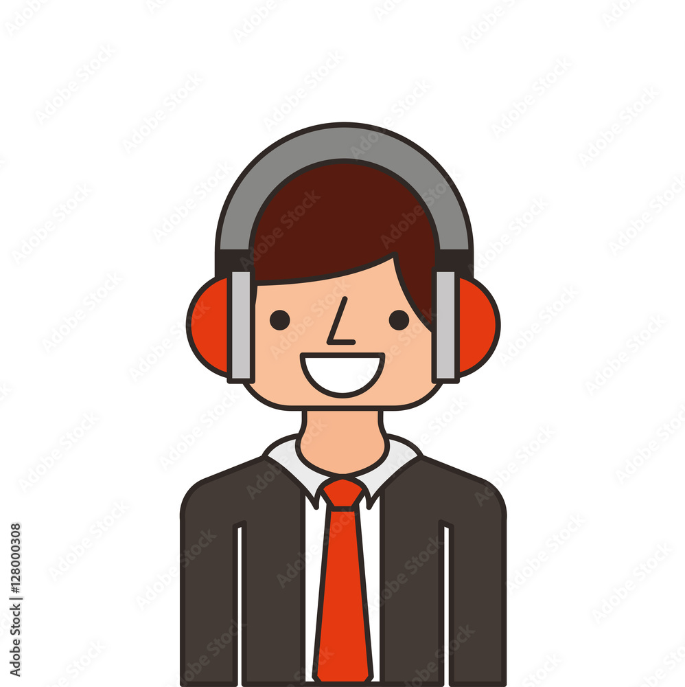 cartoon man wearing suit and tie and using headphones over white background. colorful design. vector illustration