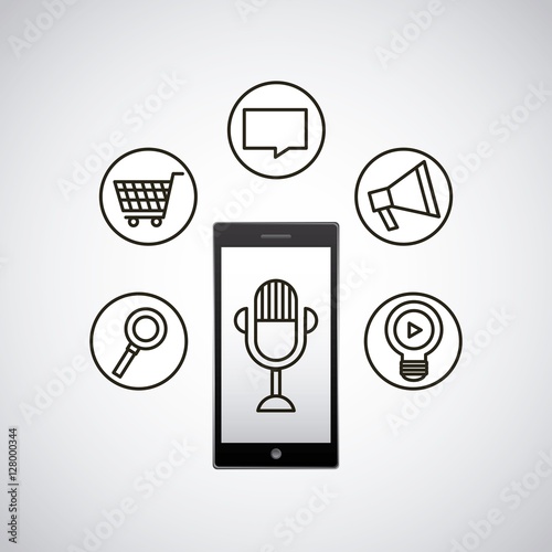 smartphone device with microphone on screen and communication icons around. vector illustration