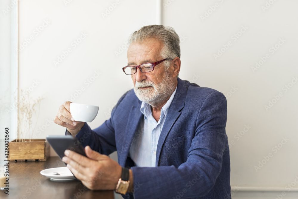 Senior Man Coffee Shop Communication Connection Technology Conce Senior Man Coffee Shop Communication Connection Technology Conce