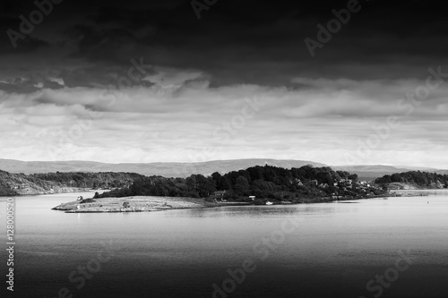 Black and white Norway islands landscape background