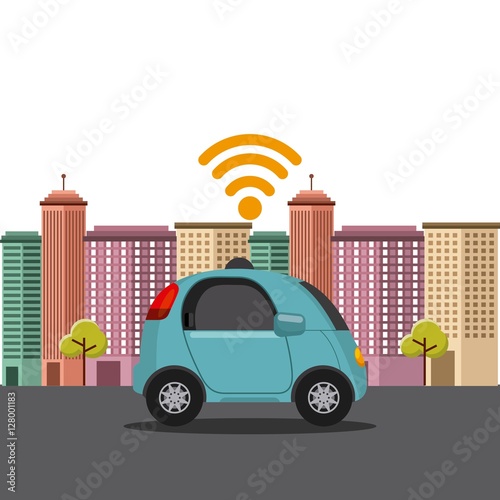 autonomous car vehicle with wireless waves over city background. ecology,  smart and techonology concept. vector illustration