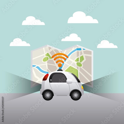 autonomous car vehicle with wireless waves over city map background. ecology,  smart and techonology concept. vector illustration
