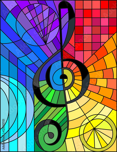 Abstract image of a treble clef in stained glass style rainbow background