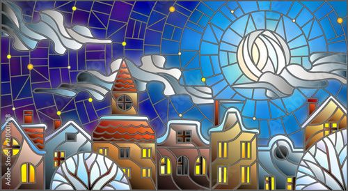 Illustration in stained glass style, urban landscape,snow-covered roofs and trees against the night sky, moon and clouds