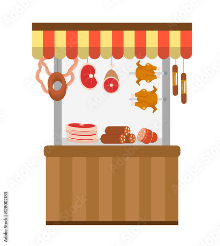 Street fresh meat store. Butcher shop, meat showcase, icon flat style. Meat store isolated on white background. Counter trade with sausage, meat, chicken grill. Stall selling. Vector illustration.
