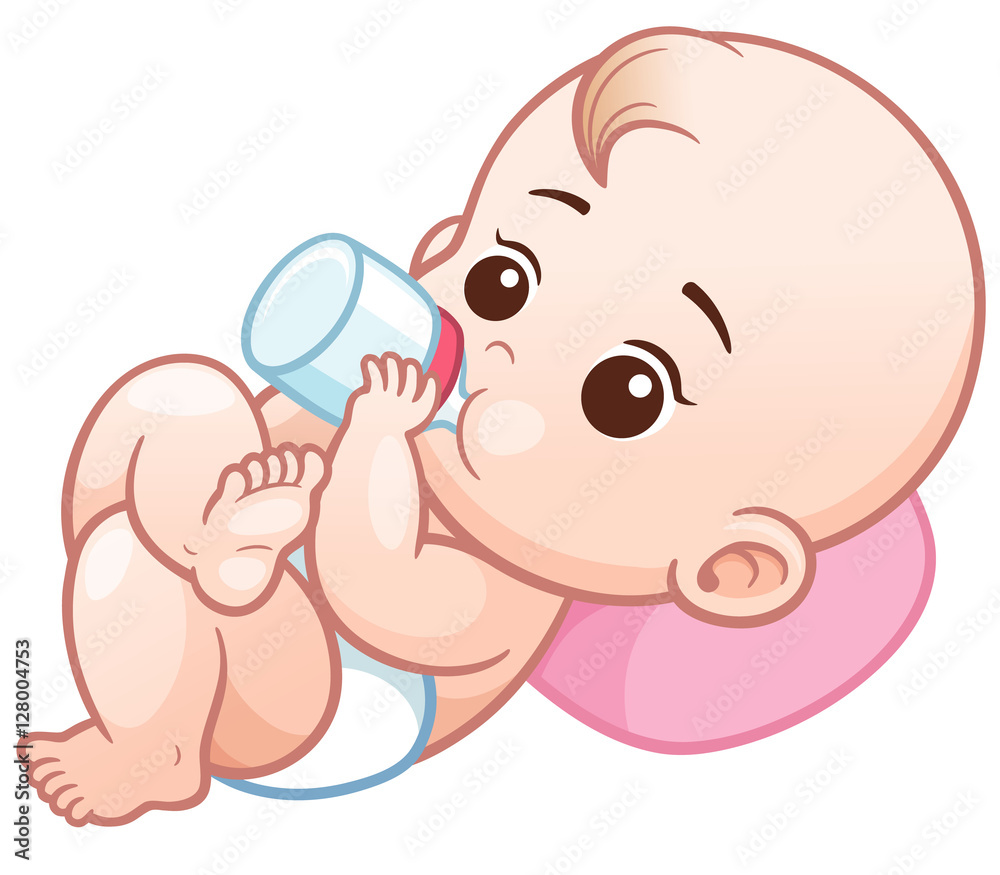 Vector Illustration of Cartoon baby holding a milk  infant eating  milk Stock Vector | Adobe Stock
