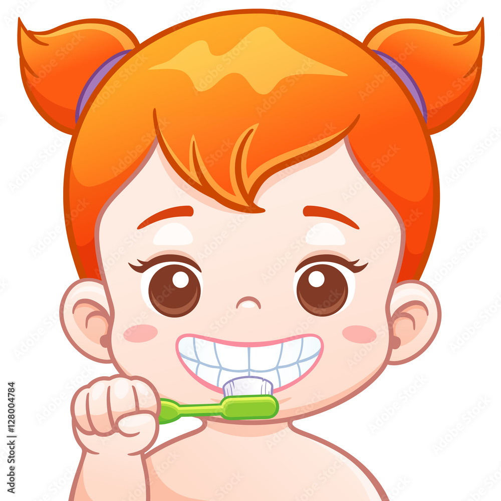 Vector Illustration of Cartoon Cute Girl brushing his teeth Vector Illustration of Cartoon Cute Girl brushing his teeth