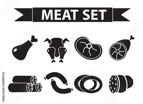 Meat and sausages icon set, modern line style. Fresh meat set isolated on a white background. Meat products, food. Vector illustration