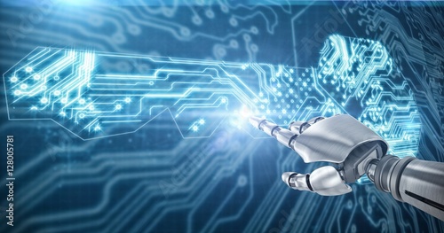 Composite image of silver robot arm pointing at something