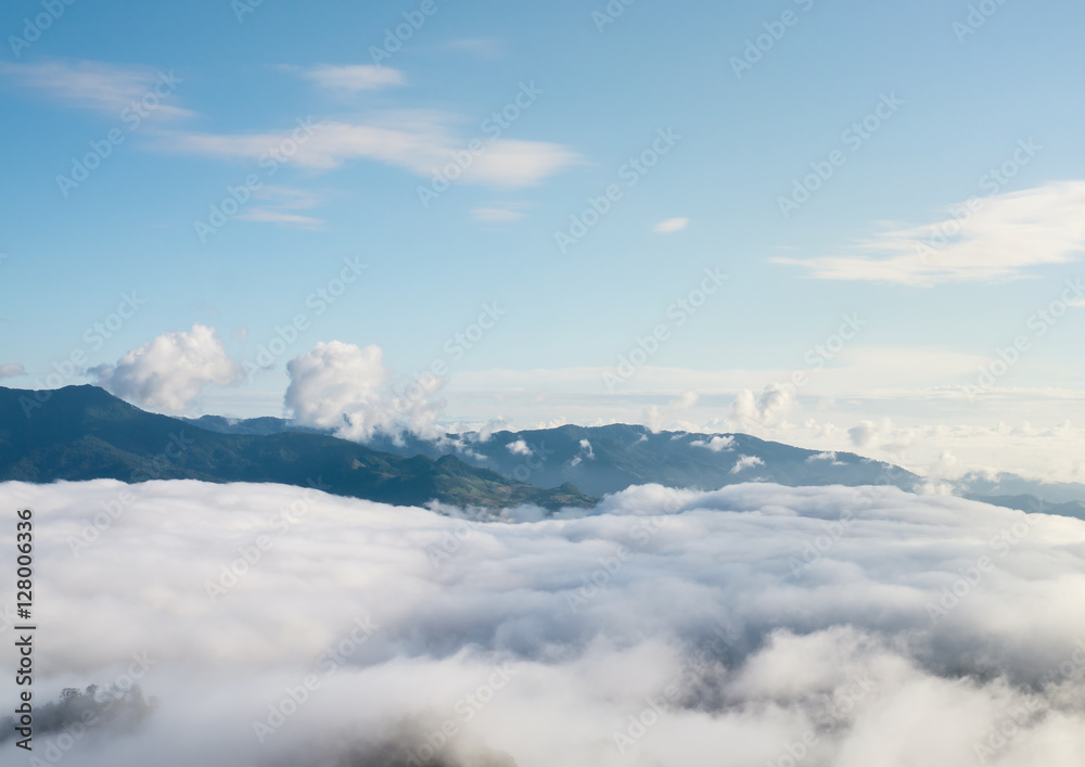 Landscape of moving mist in the mountain and hill. View point of mountain at Doi-Montngo, Chiang Mai –Thailand