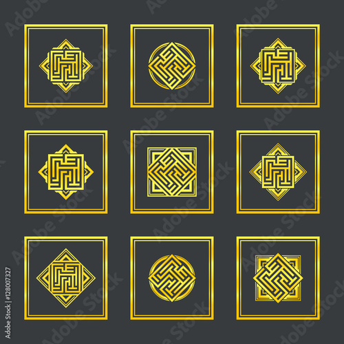 Abstract gold maze, maze emblem, gold pattern