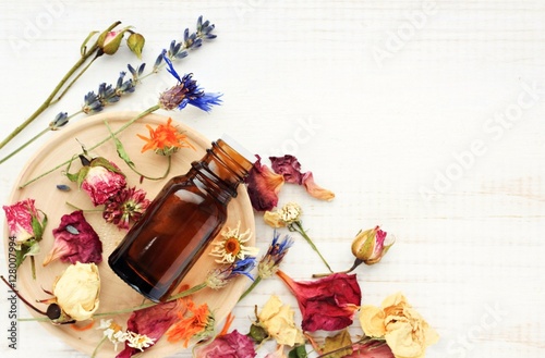 Various bright medicinal herb plant on wooden plate, essential oil extract bottle, top view. Botanical cosmetic ingredients, aromatherapy background. Herbal pharmacy. photo
