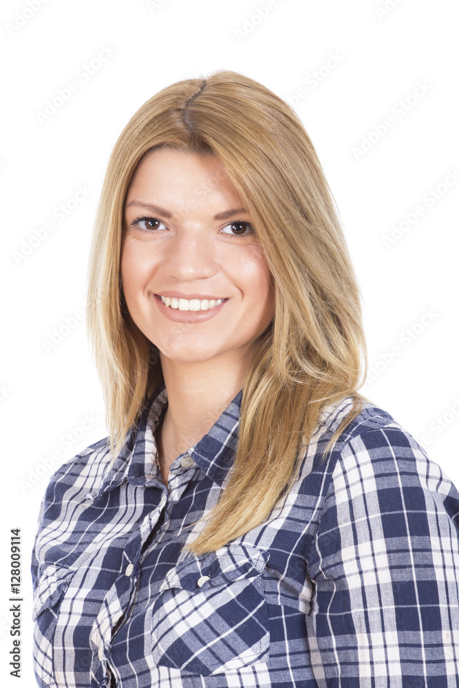 Beautiful girl in plaid shirt smiling Beautiful girl in plaid shirt smiling