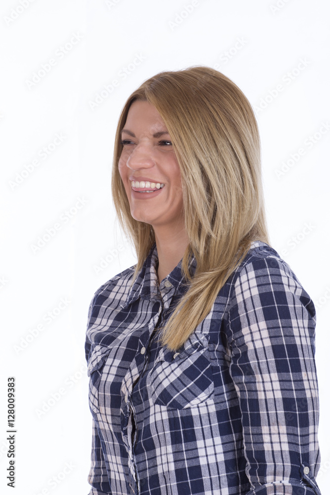 Beautiful girl in plaid shirt smiling Beautiful girl in plaid shirt smiling