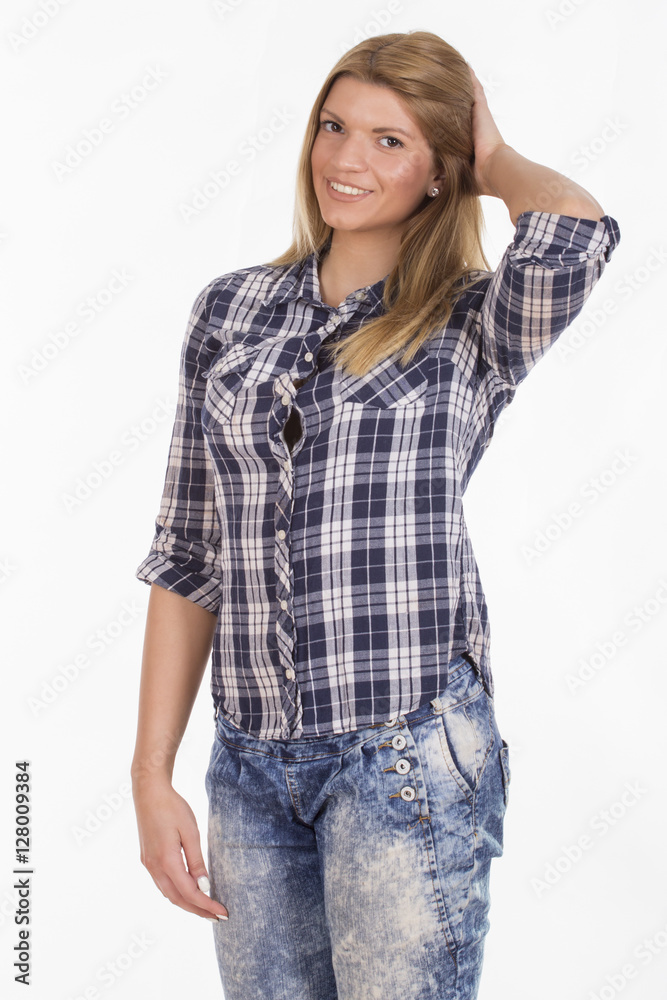 Beautiful girl in plaid shirt smiling Beautiful girl in plaid shirt smiling