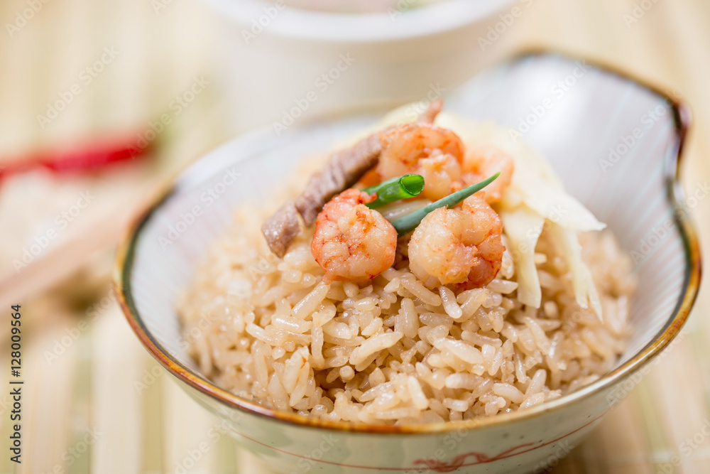 Taiwanese traditional food - Tainan Shrimp rice. With shrimp, ginger, pork, and scallion on top. Taiwanese traditional food - Tainan Shrimp rice. With shrimp, ginger, pork, and scallion on top.