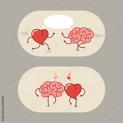 The brain and the heart of love and friendship. A set of vector cartoon icons.