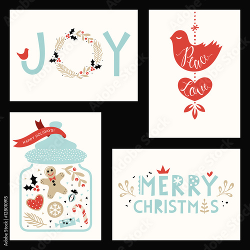Vertical and horizontal winter holidays greeting cards. Peace dove, heart shape, jar, gingerbread men and candies.