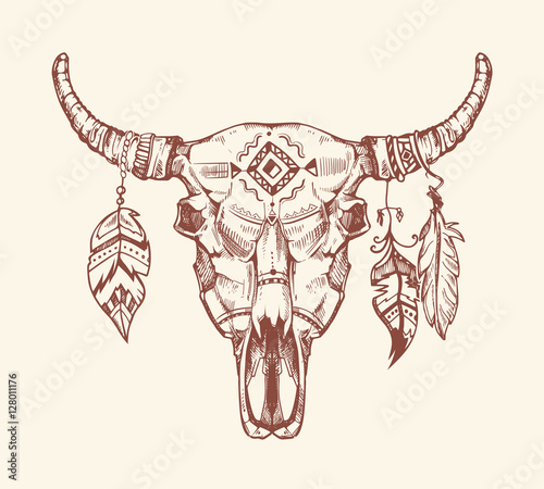 Aztec tribal buffalo skull vector t-shirt print, tattoo. Dead animal cow totem with feathers hand drawn illustration