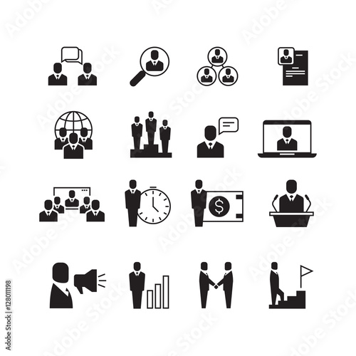 Business people, professional team, office group, management, handshake, training vector icons set