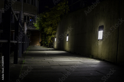 Schmaler Weg am Alten Hafen in D  sseldorf bei Nacht