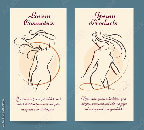Woman health, skin, hair and body care brochure template. Beauty long haired woman silhouettes drawn in a linear sketch style and place for text. Vector illustration