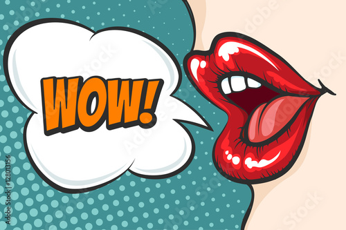 Female lips in pop art style with WOW bubble. Vector illustration