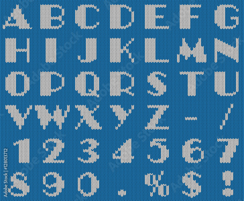 Light blue and white knitted wool fabric alphabet vector templat