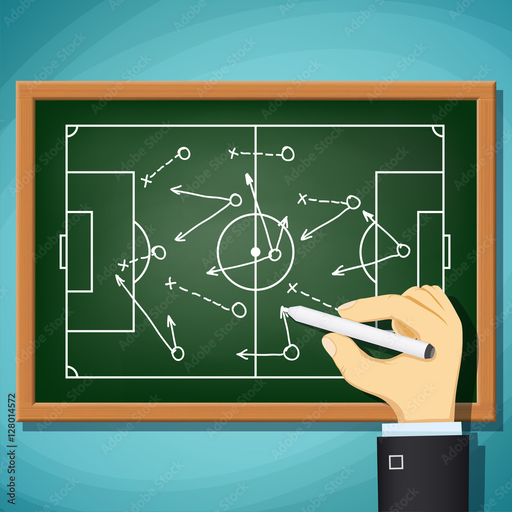 Coach draws tactics play in football. Stock Vector cartoon illus