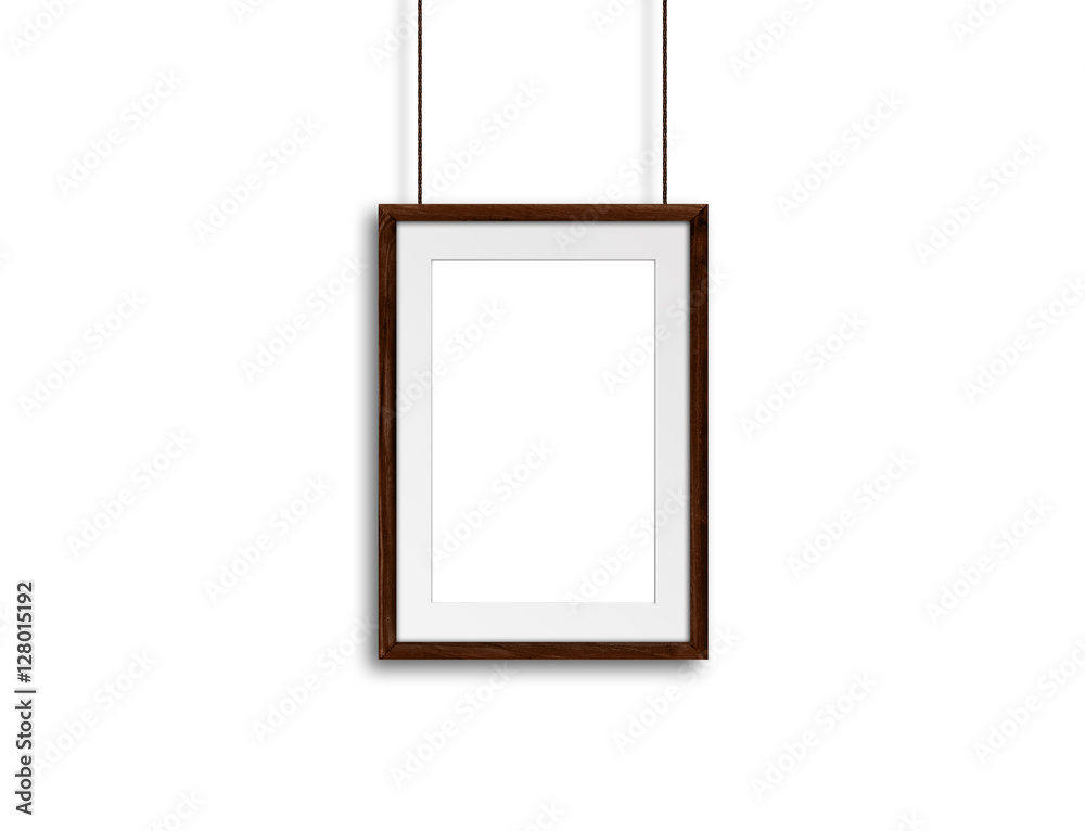 Brown wooden photo frame, hanging on wall, interiors decor mock up