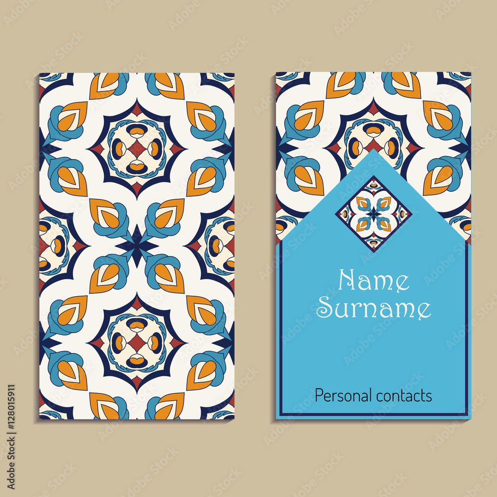 Fototapeta Vector business card template. Portuguese, Moroccan, Azulejo, Arabic, asian ornaments