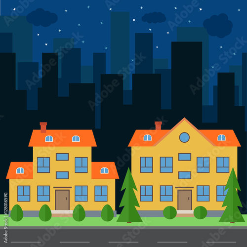 Vector night city with cartoon houses and buildings. City space with road on flat style background concept. Summer urban landscape. Street view with cityscape on a background 